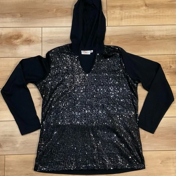 Quacker Factory Black Sequin Hoodie Size Large - Picture 7 of 9